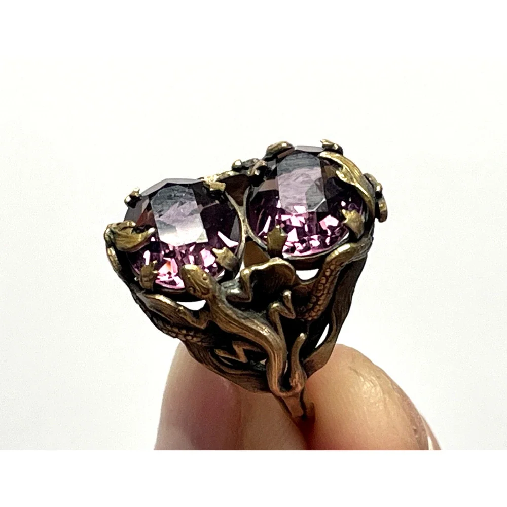 OOAK Vintage Dragon Lizard Adjustable Ring Bronze Purple Faceted Glass Size 6.5